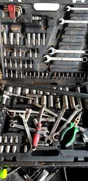 Old used diesel engine with rusty and dirty auto parts, water infiltration an Stock Photos