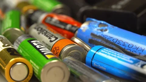 Old used discarded AA cells and other electric batteries from Stock Footage 152899784