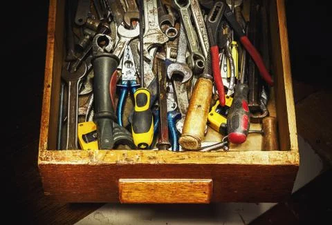 Old Used Tools in Drawer Stock Photos
