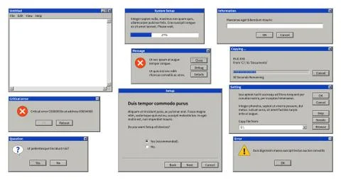 Old user interface. Browser window, error message popup dialog box with system Stock Illustration