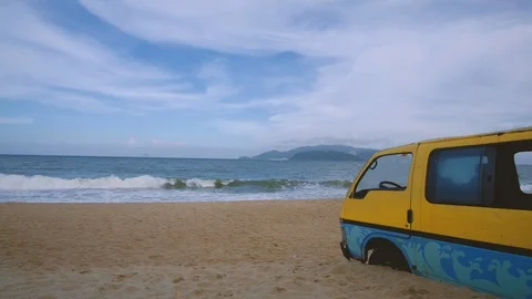 Old van car or vintage classic car parked on the tropical sandy beach Stock Footage 101415488