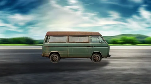 Old Van driving on highway at high speed with blue sky and green hills. Stock-Footage 332314925