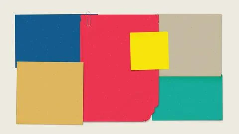 Old various blank colored papers with paper clip and yellow stick note on g.. Stock Illustration