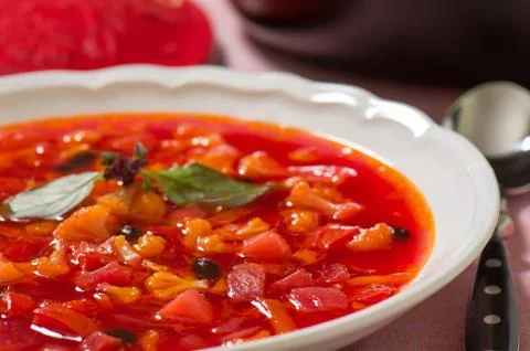 ?old vegetable soup in a white ceramic plate Stock Photos
