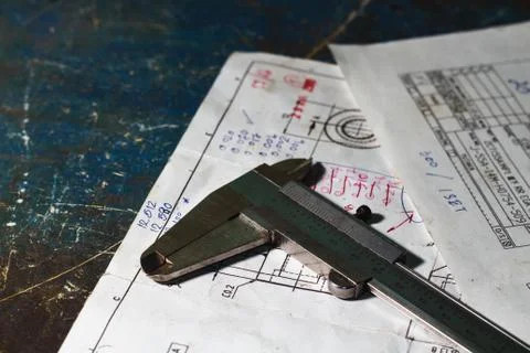 Old vernier calipers on drawing plan Stock Photos