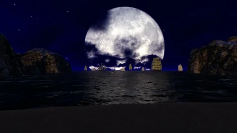OLD VESSELS ON OCEAN AGAINST BIG MOON Stock Footage 80800797