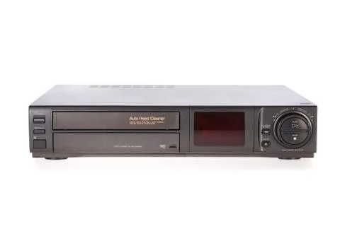Old video cassette recorder ejecting tape isolated on white background Stock Photos