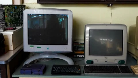 Old vintage Apple Mac Imac computer inside room in 1998. Close up zoom Stock Footage 292638473