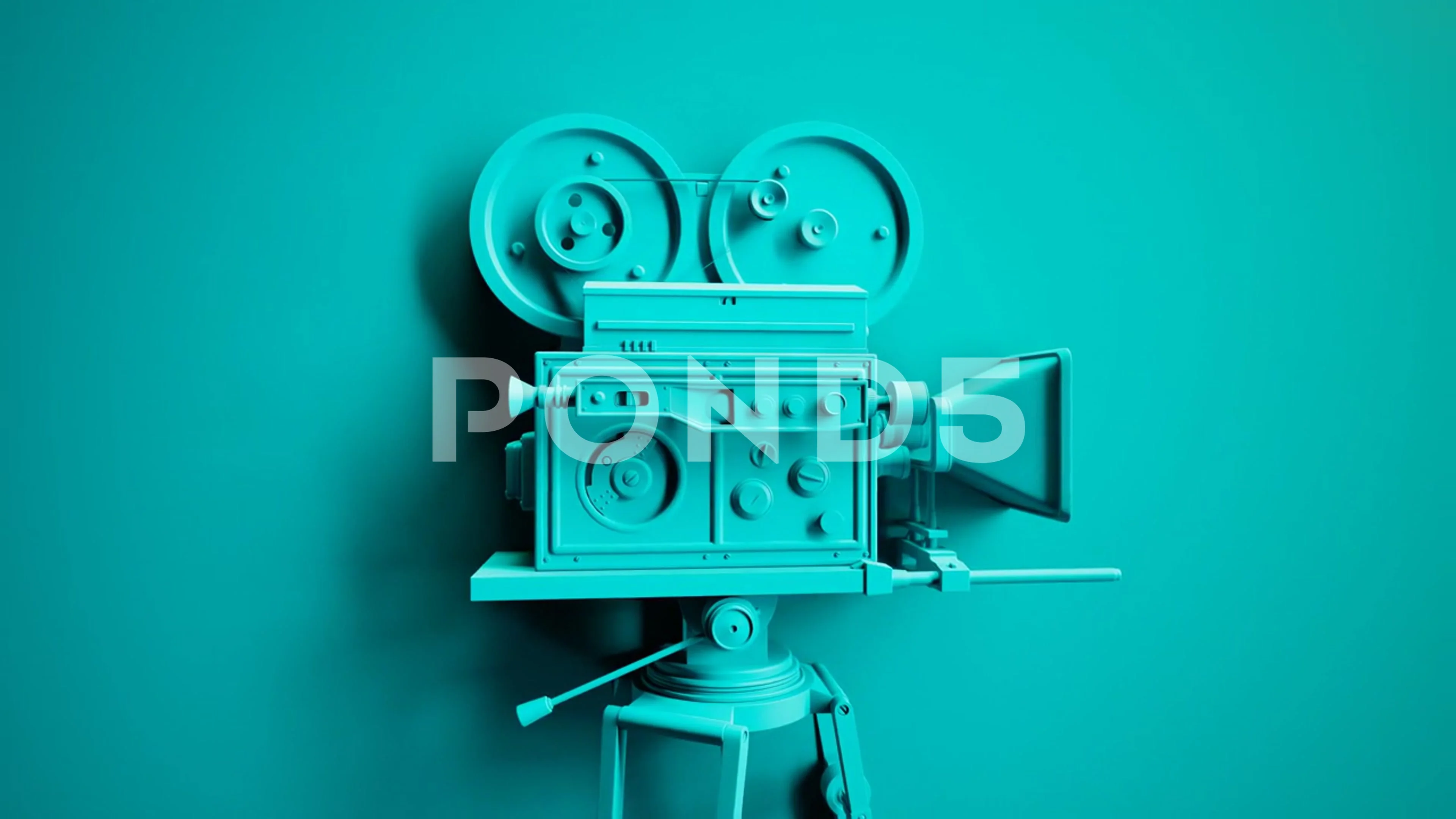 Vintage old film camera and a 35mm reel of film on a blue background, top  view Stock Photo