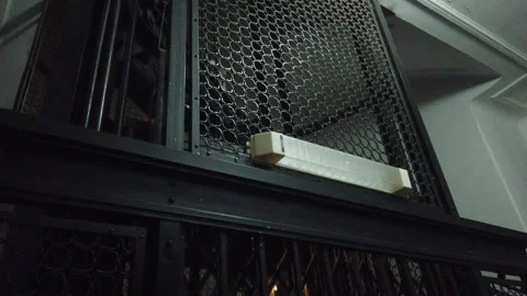 Old vintage caged elevator goes down in a french style apartment indoors Stock Footage 280629527