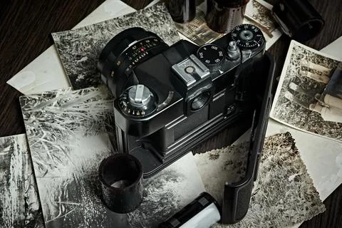 Old vintage camera with open back cover for film replacement close-up, rolls of Stock Photos