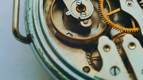 Old vintage clock mechanism working, closeup shot with soft focus Stock Footage