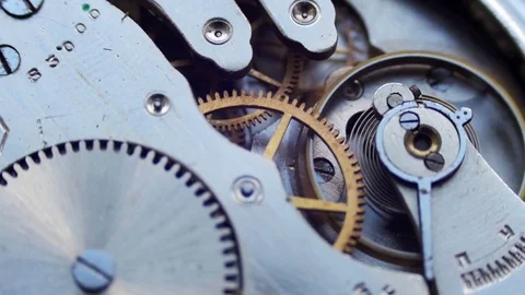 Old vintage clock mechanism working, closeup shot with soft focus Stock Footage