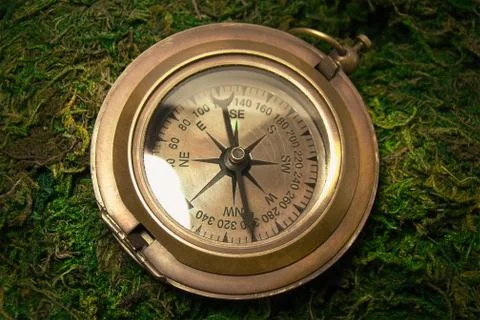 Old vintage compass on a background of moss. Stock Photos