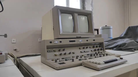 Old vintage computer with double CRT monitor from the 1970s - 1980s Stock Footage 157992764