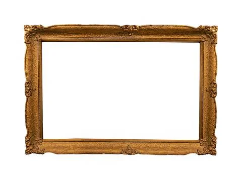 Old vintage empty gold frame border isolated on white background Stock Photos