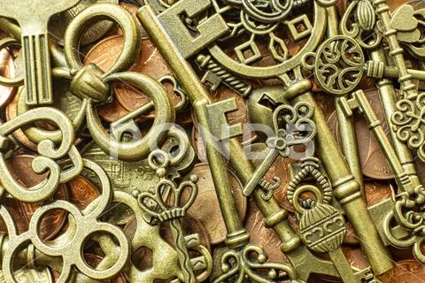 Old vintage keys gold texture on copper coin abstract background. Stock Photos
