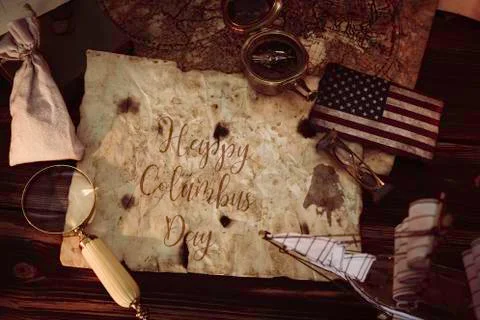 Old vintage maps with inscript "happy columbus day" and marine equipment like Stock Photos