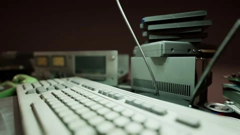 Old vintage personal computer workspace Video stock 231691150