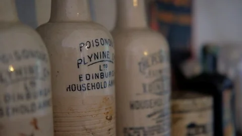 Old vintage pharmaceutical ceramic pill jar pharmacy drug apothecary Stock Footage 124493653