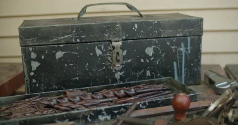 Old Vintage Toolbox in Workshop. Pan Down from Toolbox to Tools. Stock Footage 171309377