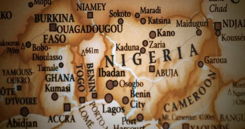 Old Vintage World map. Focusing on Nigeria, Africa Stock Footage