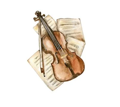 Old violin lies on paper with notes. Perfect for wedding, invitations, blogs, Stock Illustration