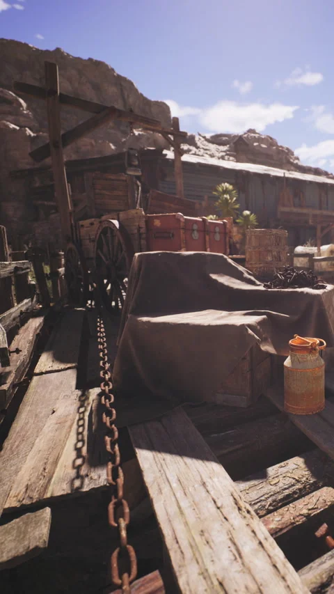 Old wagon and storage area in a western location during bright daylight Stock Footage 342163506