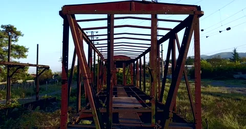 Old wagon train Skeleton carriage on the rails Video stock 97783707