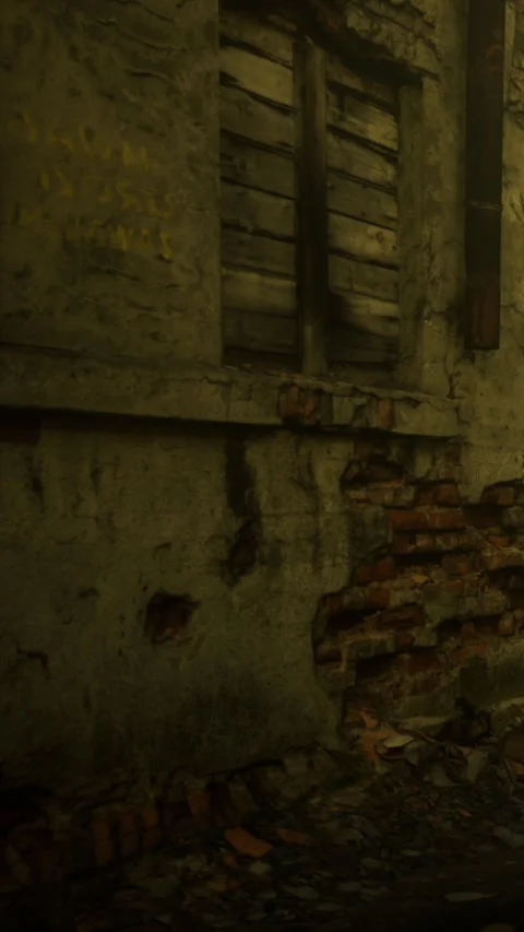Old wall with bricks exposed in a dimly lit alley near a wooden window Stock Footage 336012385