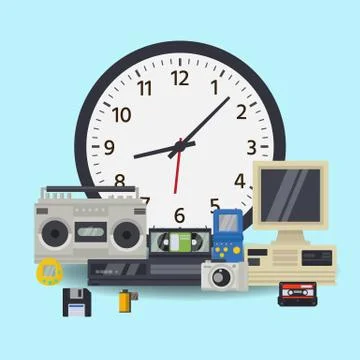 Old wall clock and retro technology multimedia vector illustration. Mechanical Stock Illustration