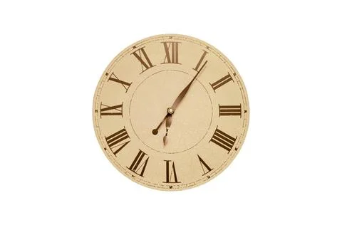 Old wall clock with roman numerals, isolated on white background Foto stock