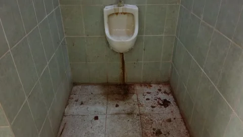 Old Wall Mounted Urinal in Tiled Restroom with Stained Floor at Hacienda Stock Footage 343971169