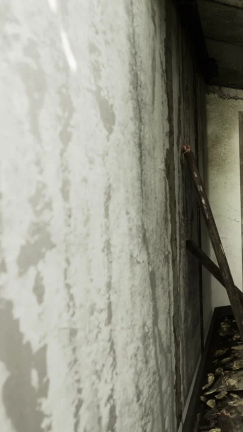 Old wall with peeling paint and wooden support in abandoned building space Stock Footage 331758133