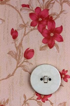 An old wallpaper with light switch. Symbolic photo for renewal and renovation. Stock Photos