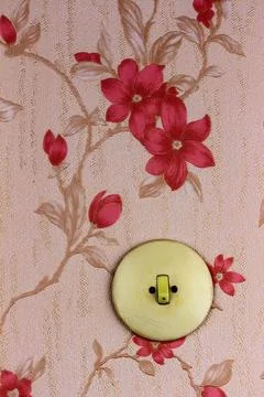 An old wallpaper with light switch. Symbolic photo for renewal and renovation. Stock Photos