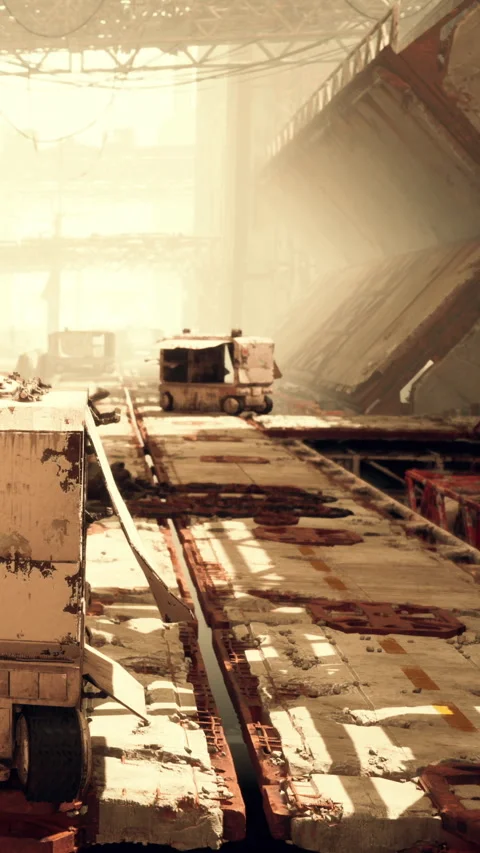 Old warehouse with abandoned carts and light shining through dust Stock Footage 337973248