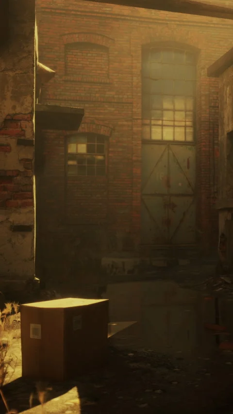 Old warehouse with a box in the corner of a dimly lit alley at sunset Stock Footage 343155222