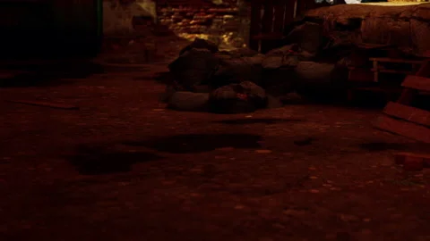 Old warehouse with bricks and water spots on the ground at night Stock Footage 337875574