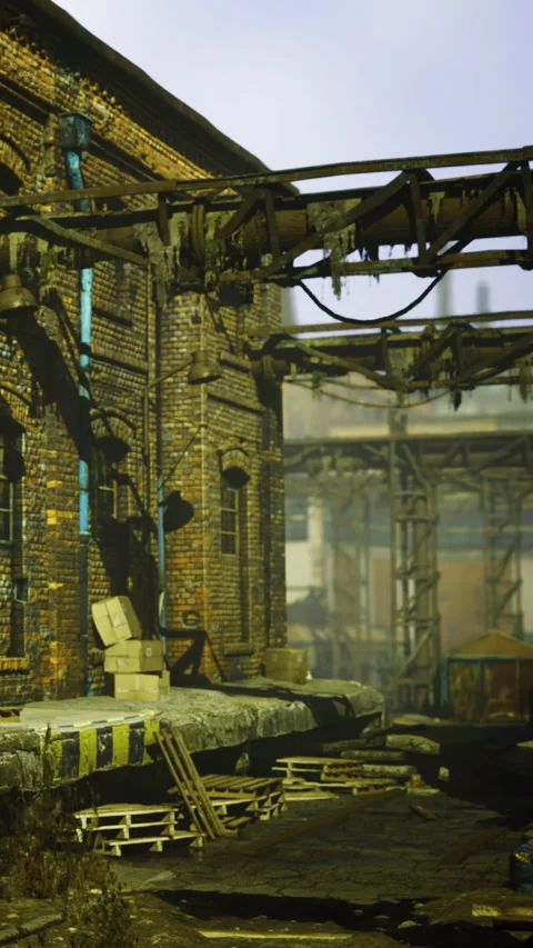 Old warehouse with industrial structures near empty street in the morning Stock Footage 334259218