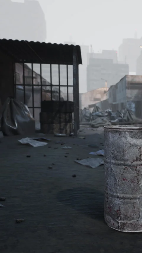 Old warehouse interior with scattered debris and urban background view Stock Footage 339037276