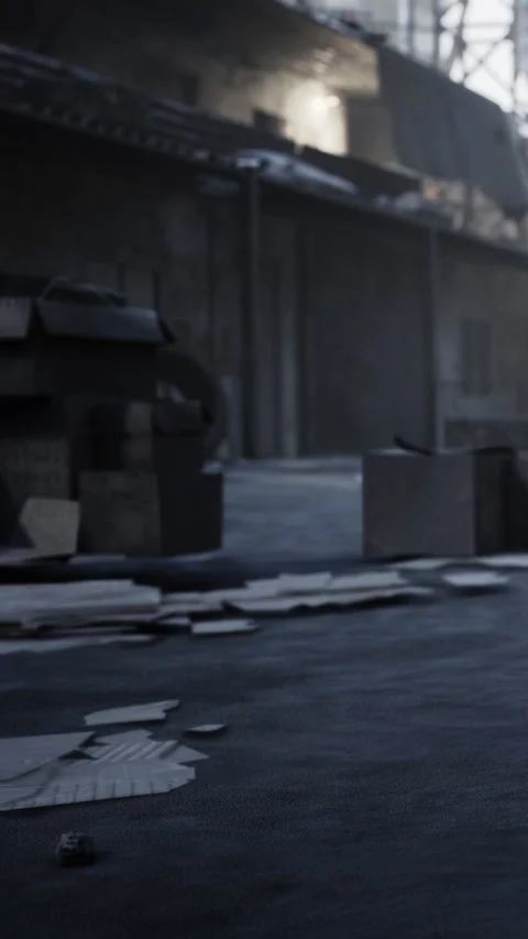 Old warehouse with scattered papers and boxes on the floor in daylight Stock Footage 342202832