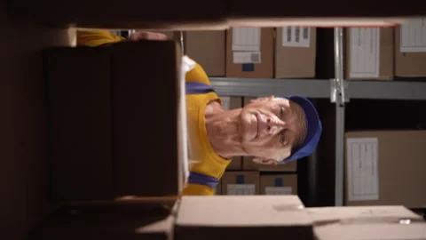 Old warehouse worker puts parcel boxes on shelves while standing between rows Stock Footage 249815480