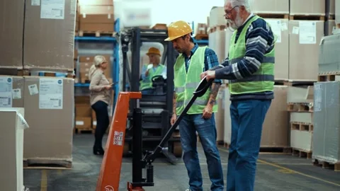 Old warehouse worker training new male worker Stock Footage 166704075