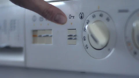 Old washing machine opening by pressing button close up Stock Footage 119009318