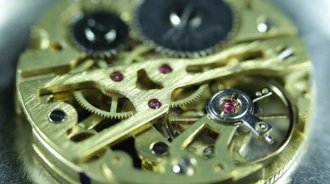 Old Watch Clock Component Mechanism Golden Gears Elements Chain System Cogs Ruby Stock Footage 35871121