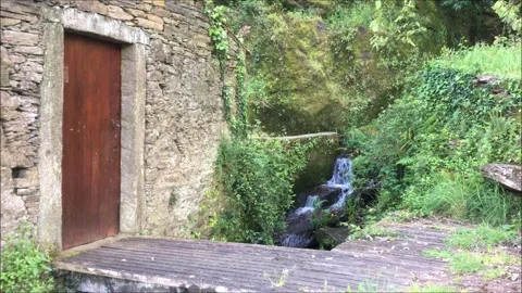 Old water mill and small waterfall next the structure. Stock Footage 253643017