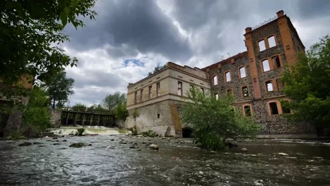 Old water mill on a mountain river. Old dam. Ukrainian landscape. Old city Stock Footage 195105351