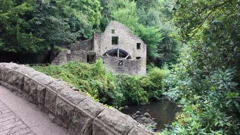 Old Water Mill Ruins and Stone Bridge in Jesmond Dene, Newcastle upon Tyne Stock Footage 342156489