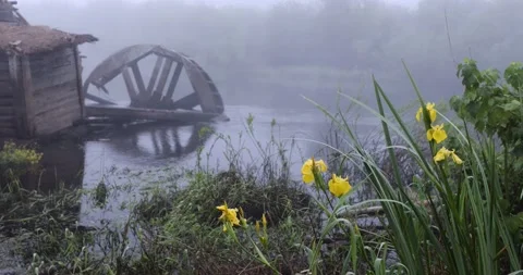 An old water mill with a wheel on the river. Early morning with fog. 4K Stock Footage 156817819
